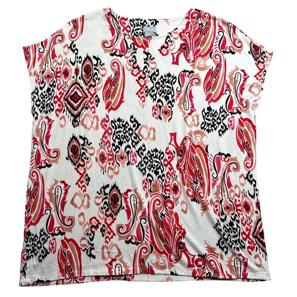 Chico’s Tunic Top Women’s 2 Paisley Ikat Stretch Knit Cap Sleeve Boho Blouse - Picture 14 of 15